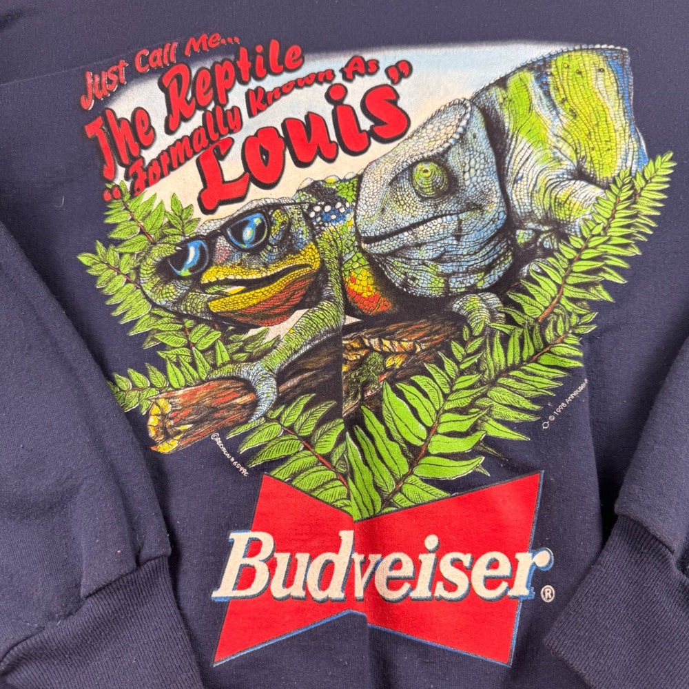 Vintage 1998 Budweiser Louis the Lizard Sweatshirt Hanes Navy Blue Large - Picture 2 of 9